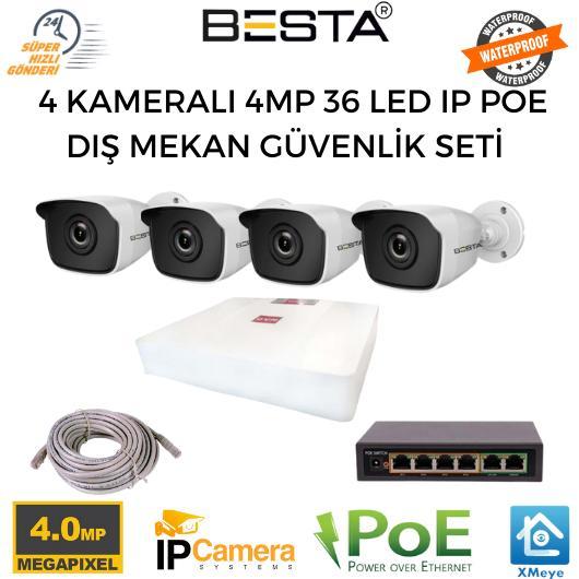 4 Kameralı 4MP IP POE 36 Led Dış Mekan IP Güvenlik Kamerası Seti BT-4513