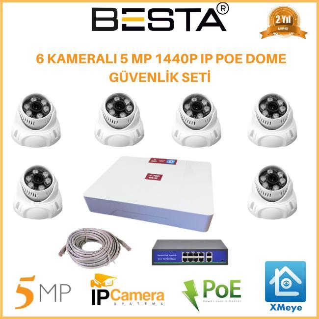 6 Kameralı 5MP 1440P IP POE Dome Güvenlik Kamerası Seti BG-5266